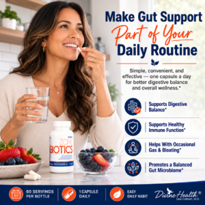 Latin American woman taking Dr. Colbert’s Zone Biotics capsule with water as part of her daily digestive wellness routine
