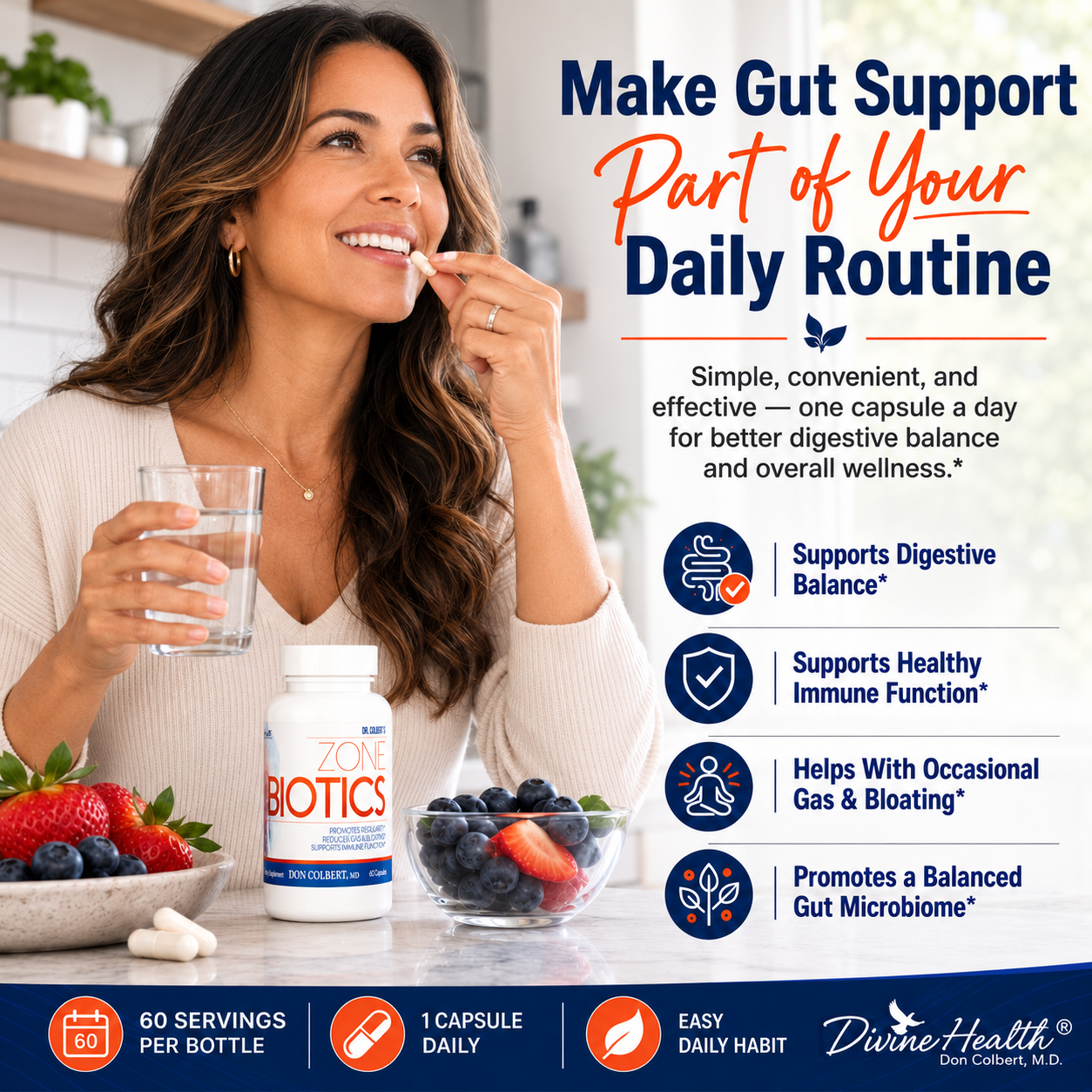 Latin American woman taking Dr. Colbert’s Zone Biotics capsule with water as part of her daily digestive wellness routine
