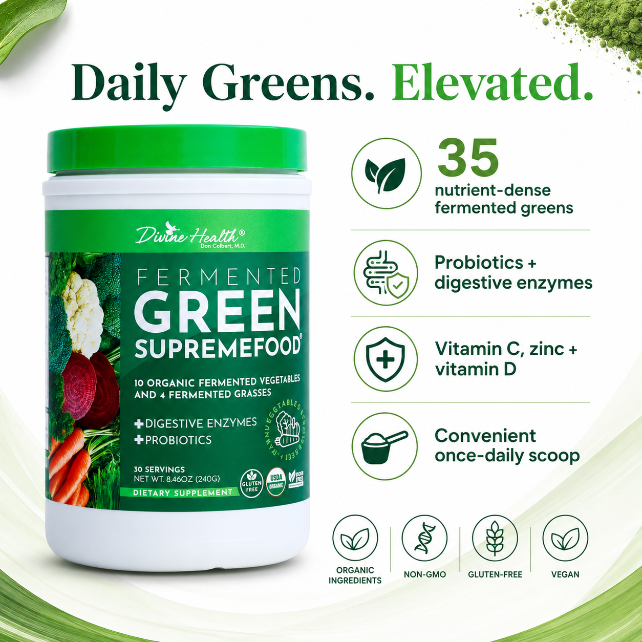 Divine Health Fermented Green Supremefood with 35 nutrient-dense fermented greens, probiotics, digestive enzymes, vitamin C, zinc and vitamin D
