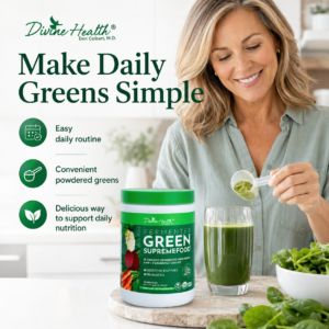 Divine Health Fermented Green Supremefood container with scoop and prepared green beverage for a convenient daily routine