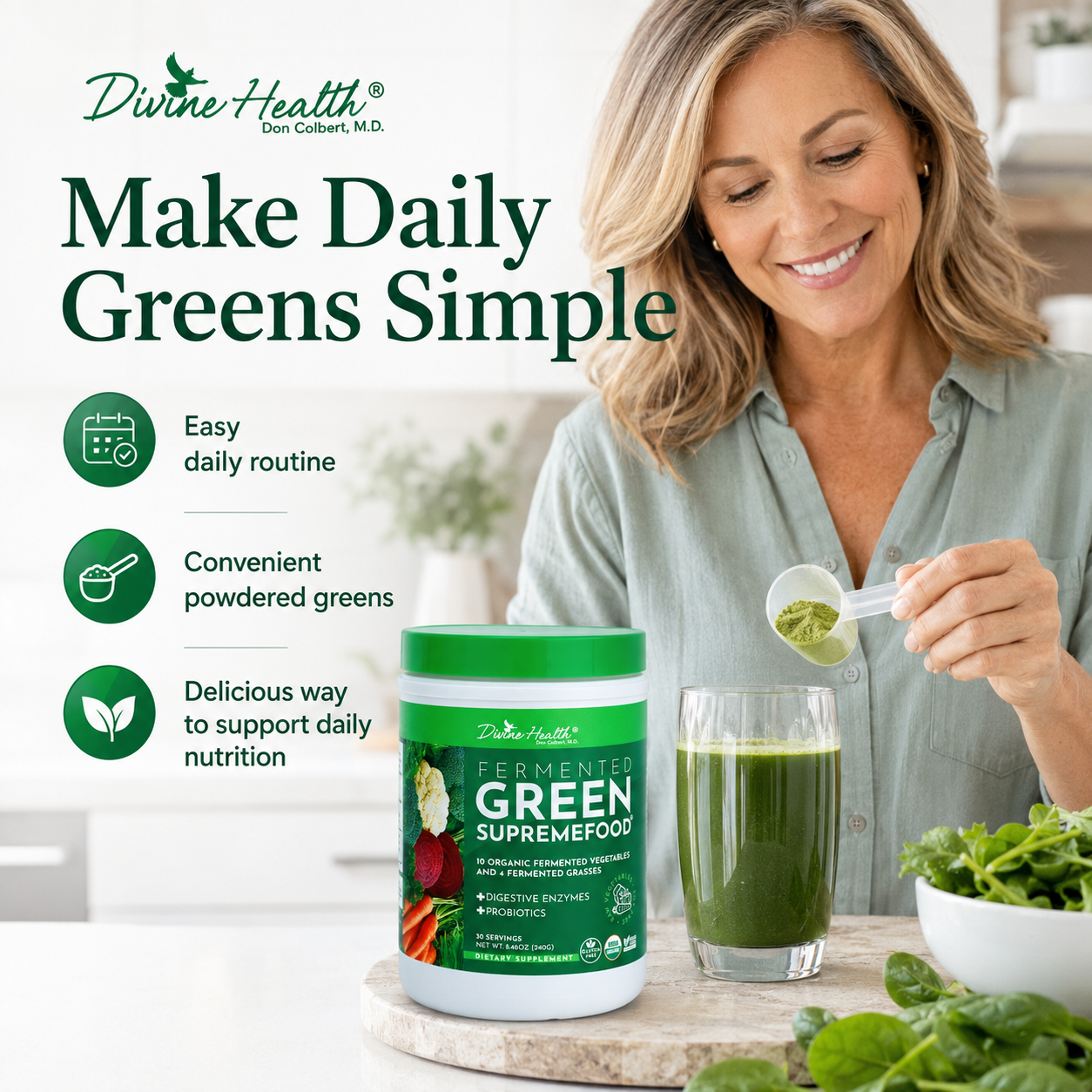 Divine Health Fermented Green Supremefood container with scoop and prepared green beverage for a convenient daily routine