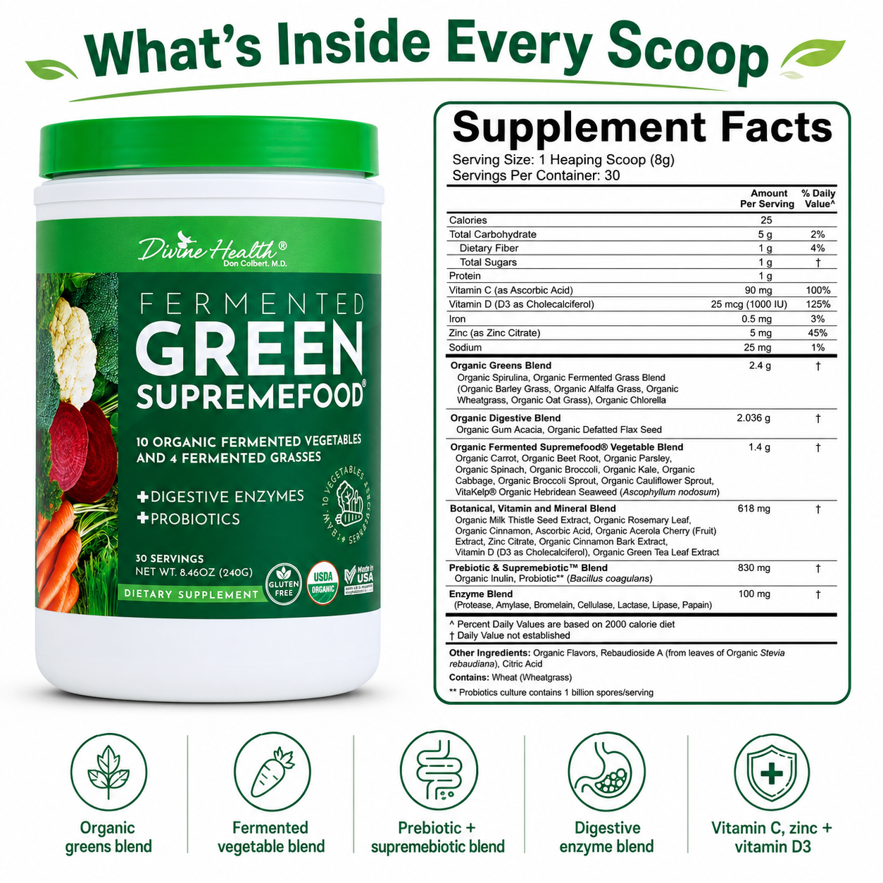 Divine Health Fermented Green Supremefood Supplement Facts with organic greens, fermented vegetables, prebiotics, probiotics and digestive enzymes