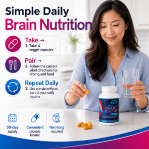 Asian woman taking Healthy Brain Zone Basic capsules with water as part of a simple daily brain-nutrition routine