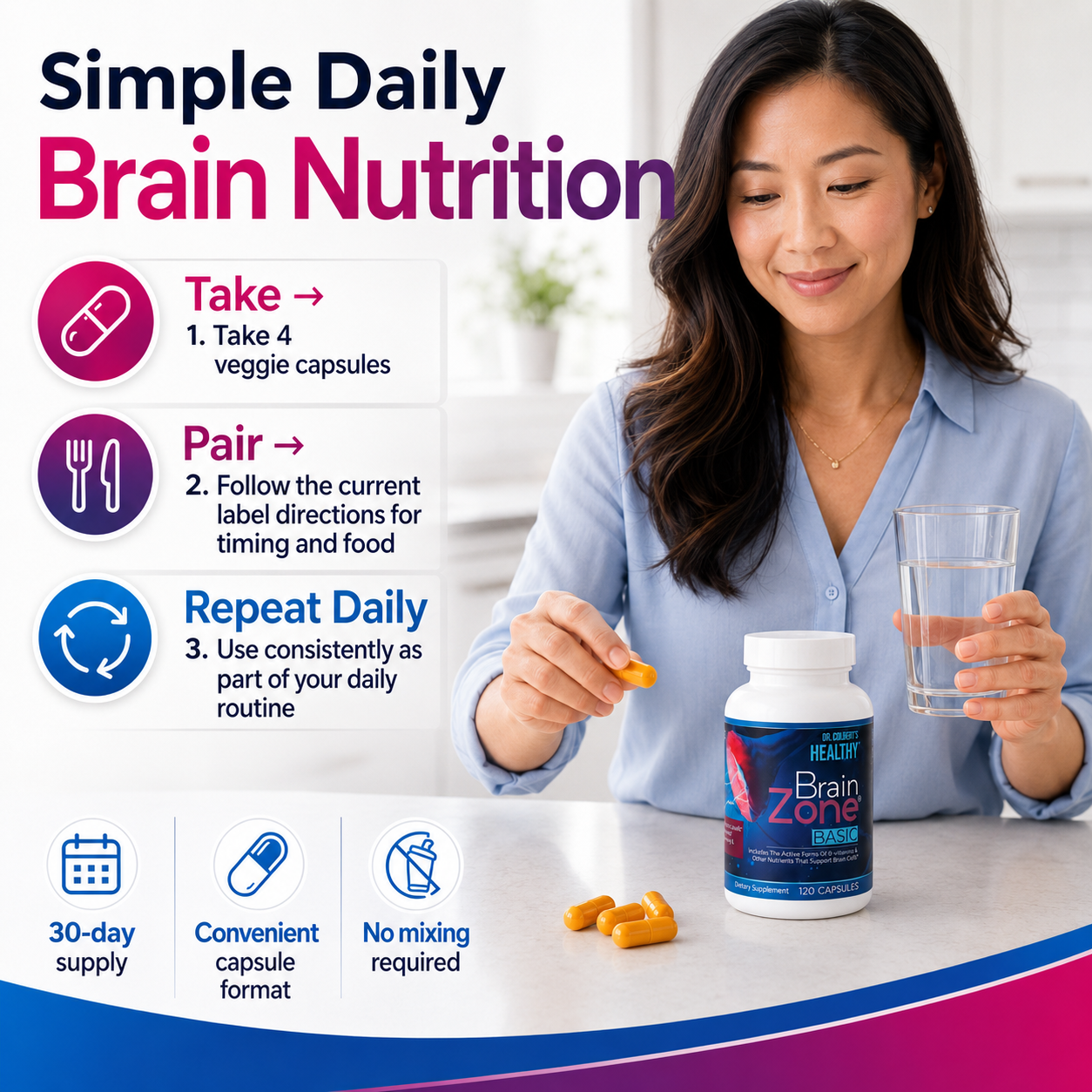 Asian woman taking Healthy Brain Zone Basic capsules with water as part of a simple daily brain-nutrition routine