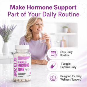 Woman using Hormone Zone with a healthy breakfast as part of her daily hormone wellness routine