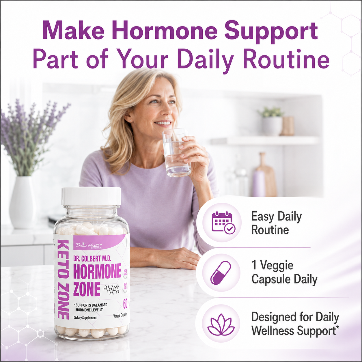Woman using Hormone Zone with a healthy breakfast as part of her daily hormone wellness routine
