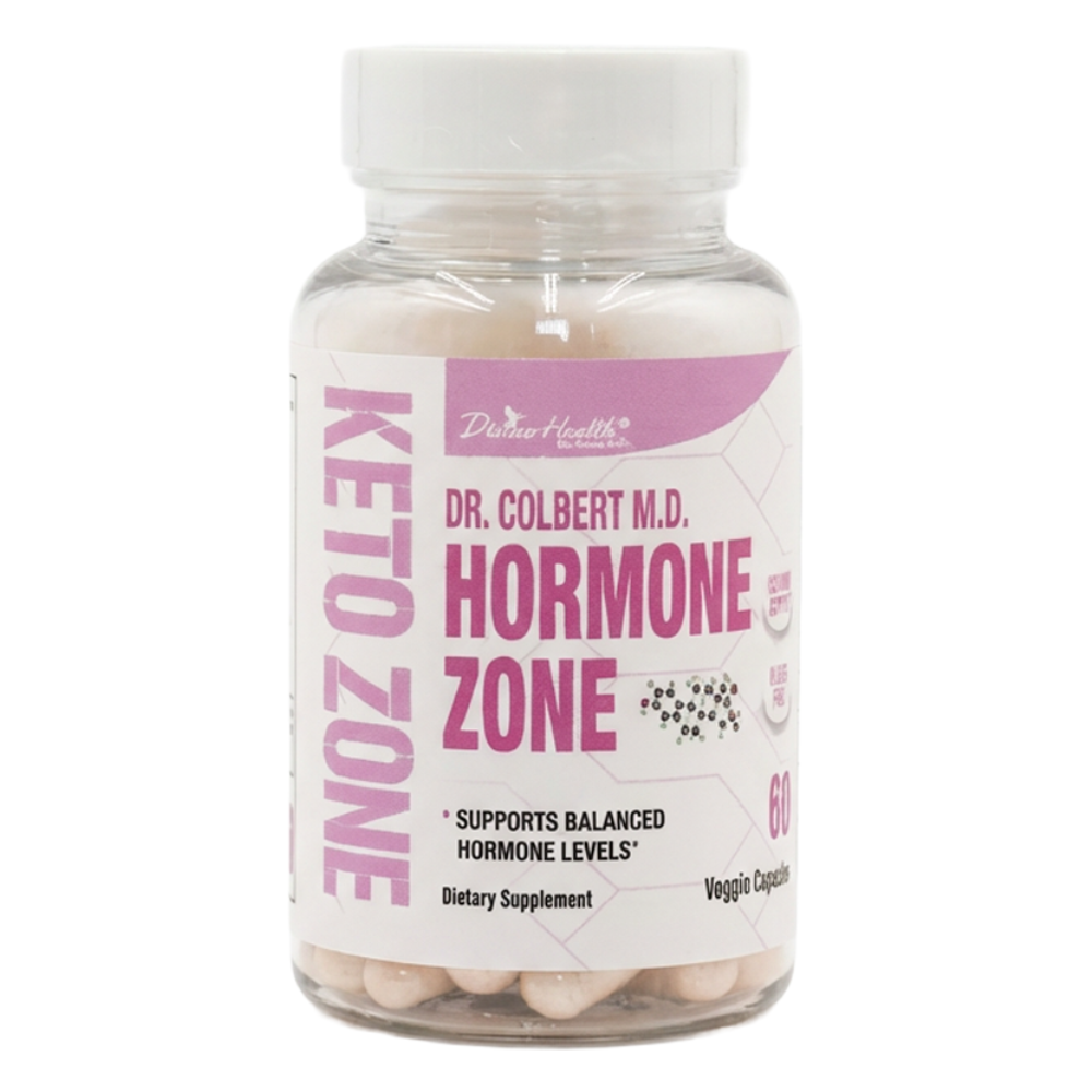 Clear bottle of Divine Health Hormone Zone by Dr. Don Colbert, MD, showing label details and capsule form