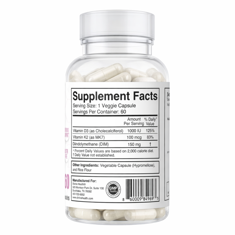 Clear bottle of Divine Health Hormone Zone by Dr. Don Colbert, MD, showing supplement facts and capsule form