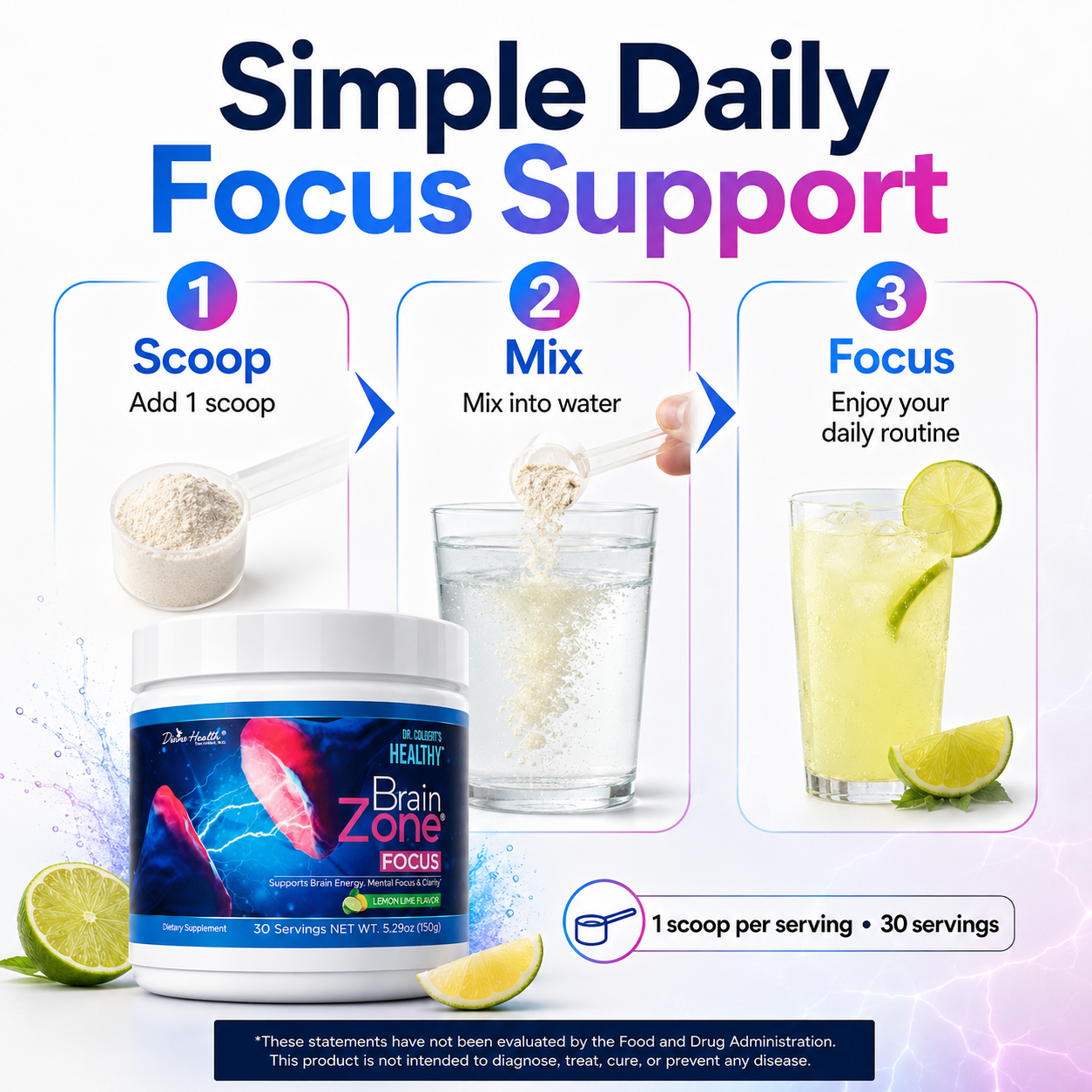 How to use Brain Zone Focus by adding one scoop to water, mixing and drinking as directed