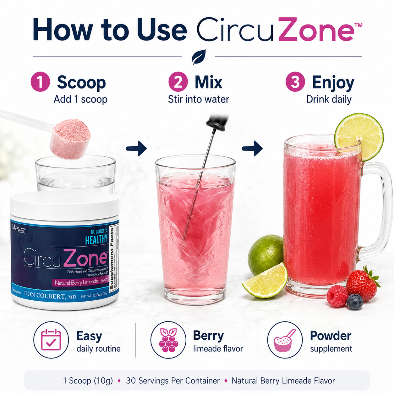 How to mix one scoop of CircuZone berry limeade powder with water as part of a daily wellness routine