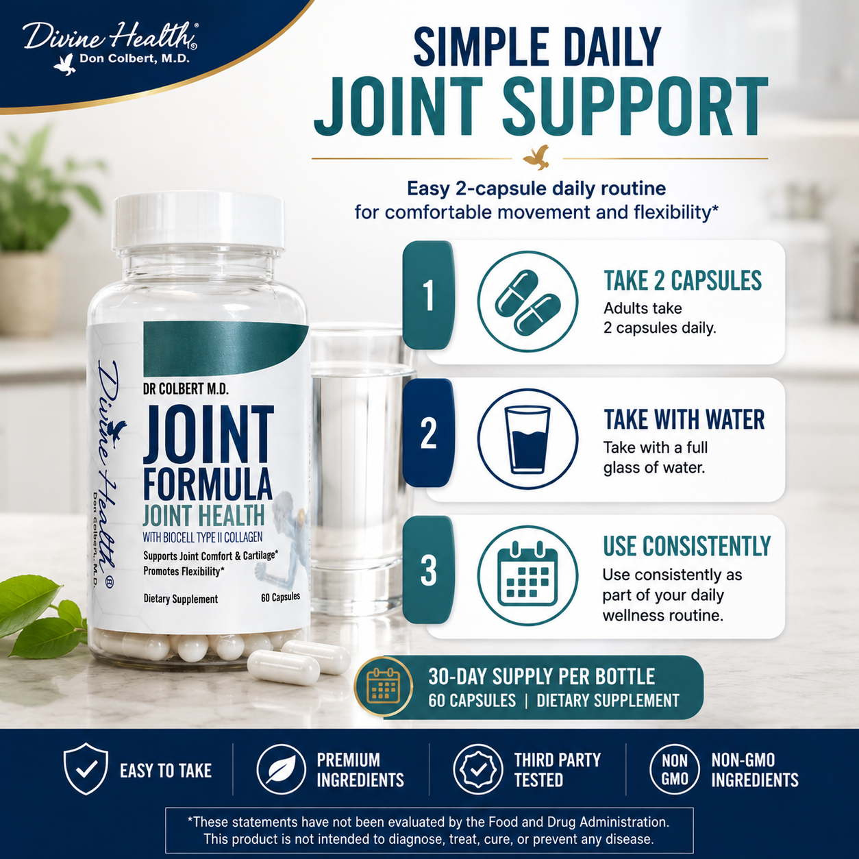 Two Divine Health Joint Formula capsules shown with water as part of a daily joint-support routine