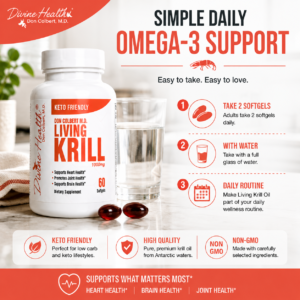 Two Divine Health Living Krill Oil softgels shown with water as part of a daily omega-3 supplement routine