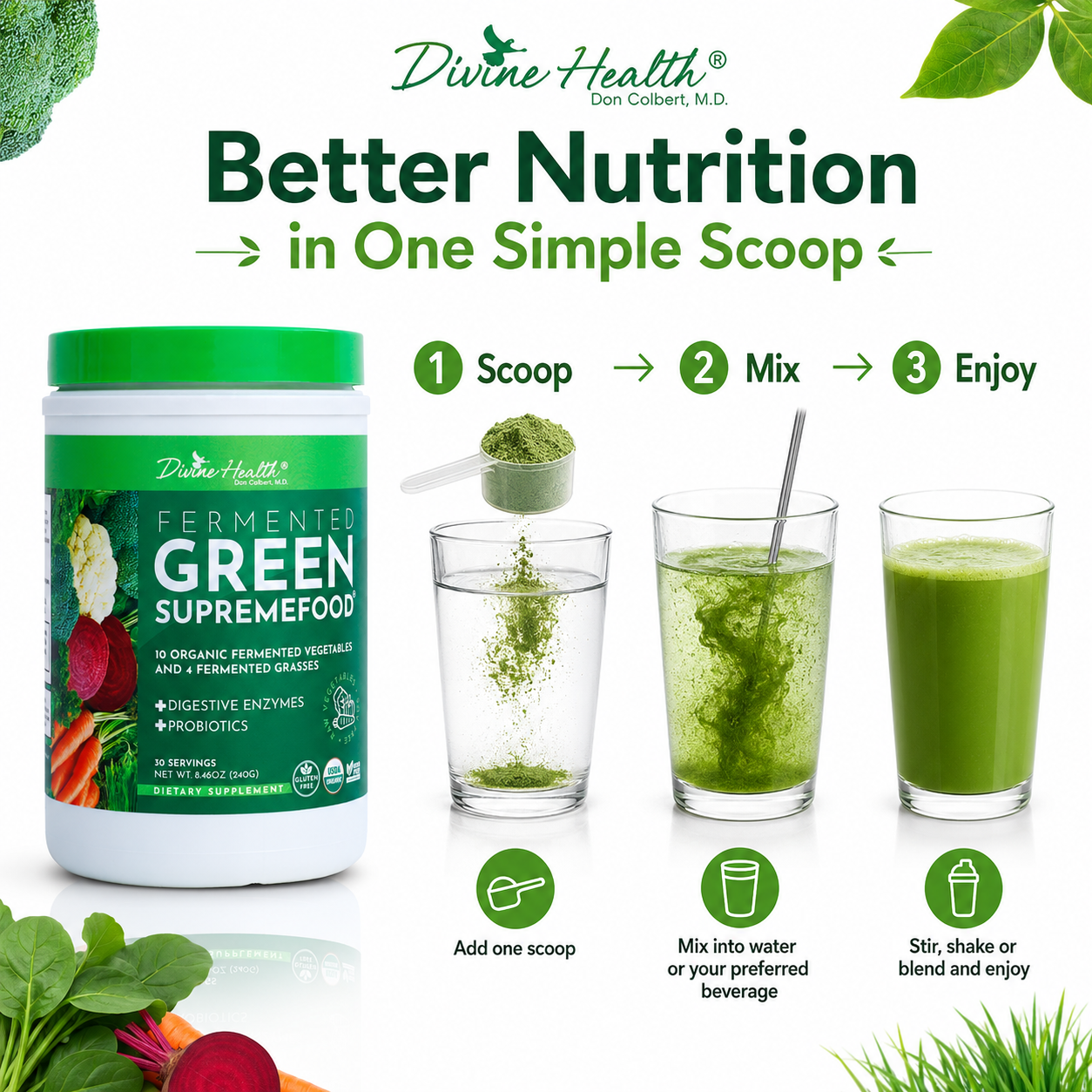 How to use Divine Health Fermented Green Supremefood by adding one scoop to water, mixing and enjoying