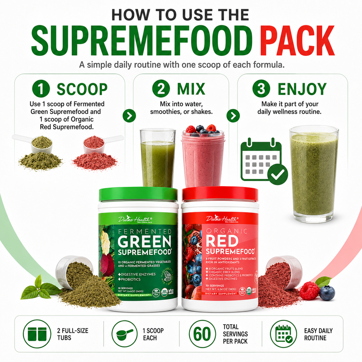 How to use the Supremefood Pack by mixing Fermented Green and Organic Red Supremefood powders with water or smoothies
