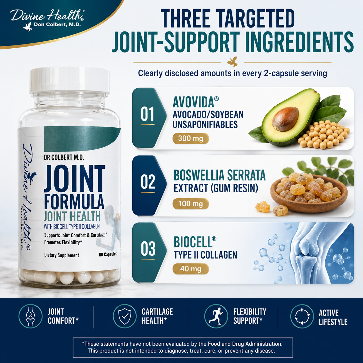 Divine Health Joint Formula featuring AvoVida avocado soybean unsaponifiables, Boswellia serrata and BioCell Type II collagen