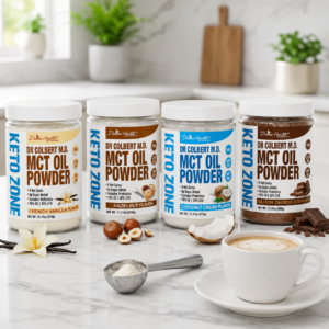 Keto Zone MCT Oil Powder in French Vanilla, Hazelnut, Coconut Cream, and Dutch Chocolate flavors displayed with coffee and a serving scoop in a bright kitchen