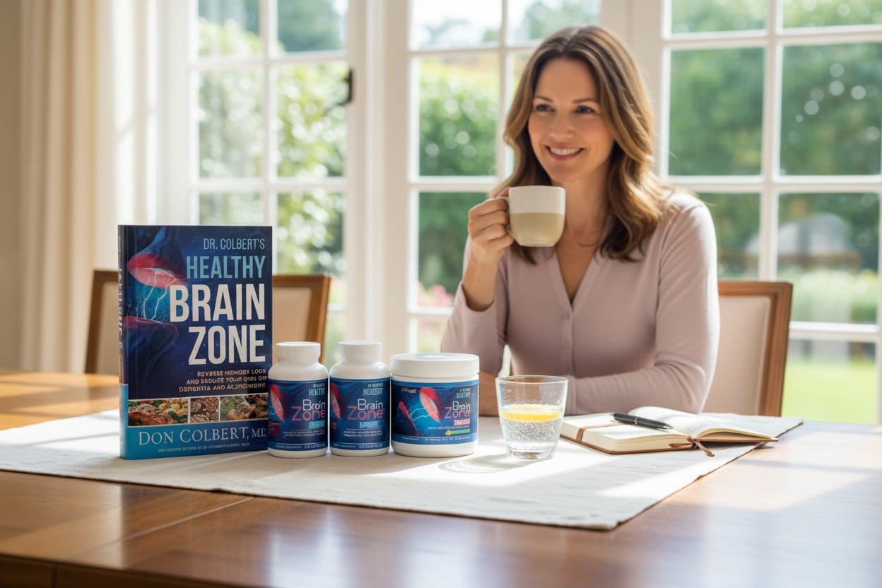 A woman sitting at a sunlit table drinking coffee with Dr. Colbert’s Healthy Brain Zone book and the Brain Zone Focus, Brain Zone Basic, and Brain Zone Advanced supplements arranged neatly in front of her.
