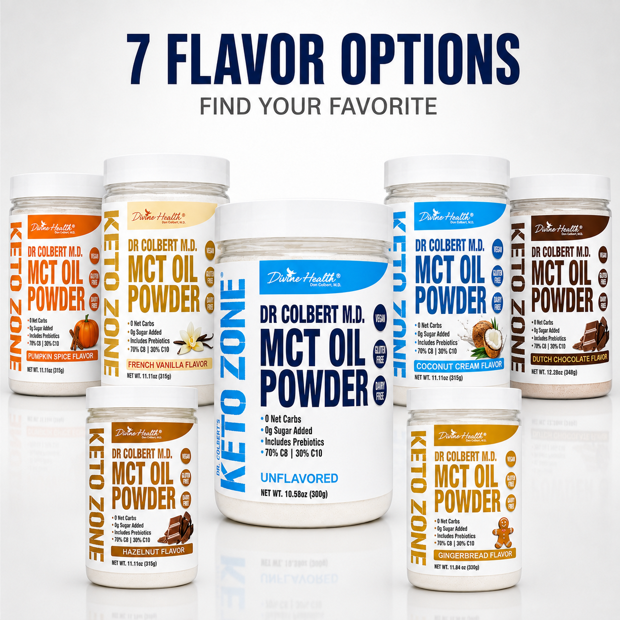 Complete Keto Zone MCT Oil Powder flavor collection featuring seven varieties