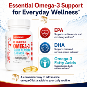 Educational graphic showing EPA for cardiovascular wellness, DHA for brain wellness, and omega-3 fatty acids for cellular support