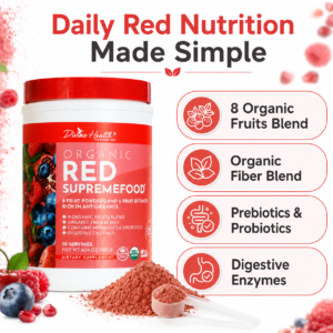 Organic Red Supremefood combining an organic fruit blend, organic fiber, prebiotics, probiotics, and digestive enzymes