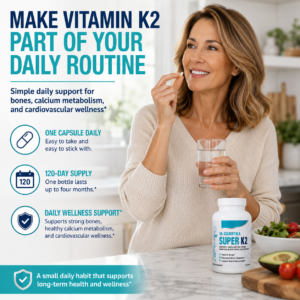 Healthy adult taking one Super K2 capsule with water as part of a daily bone and cardiovascular wellness routine