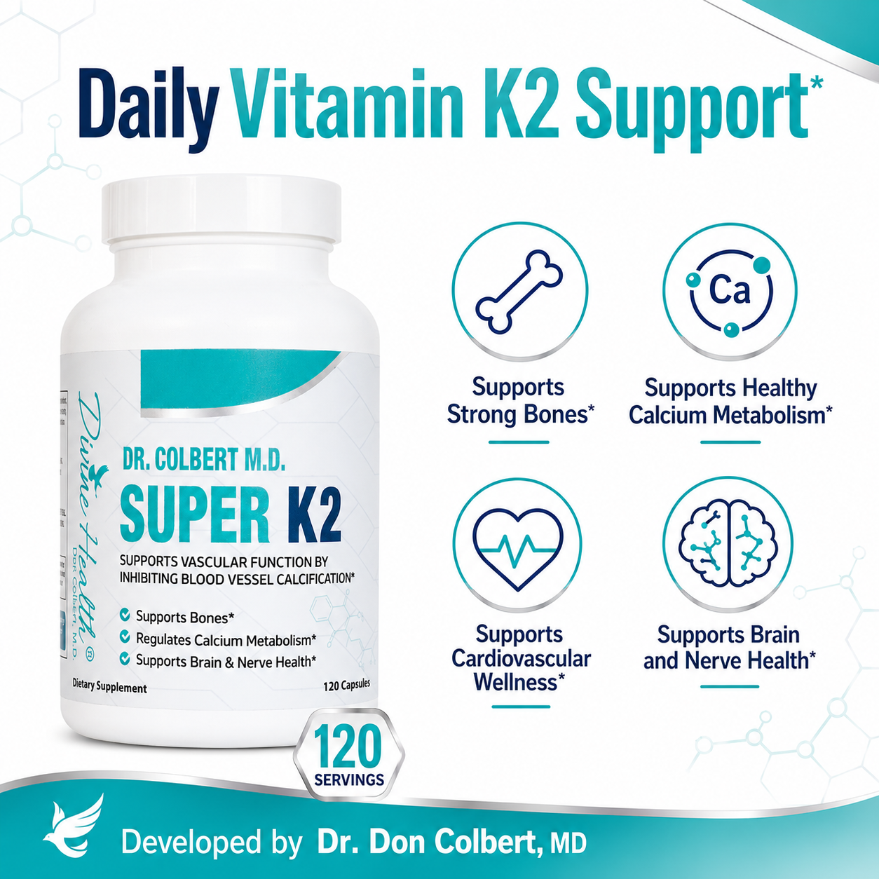 Divine Health Super K2 supporting strong bones, healthy calcium metabolism, cardiovascular wellness, and brain and nerve health