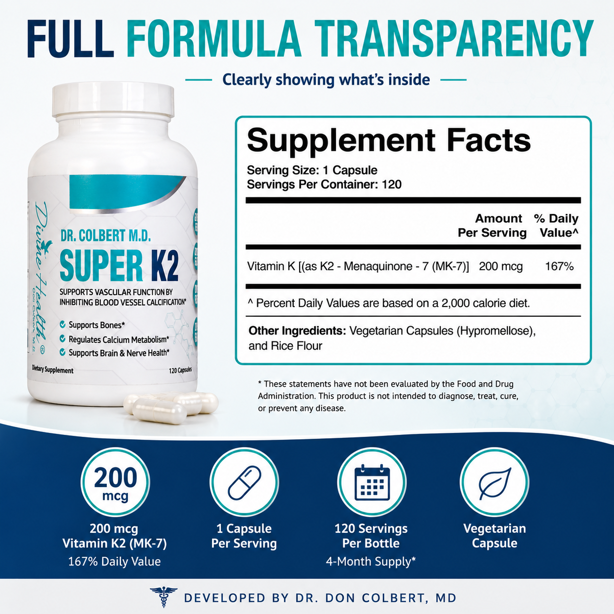 Super K2 Supplement Facts showing 200 mcg vitamin K2 as MK-7, 167 percent Daily Value, and 120 servings