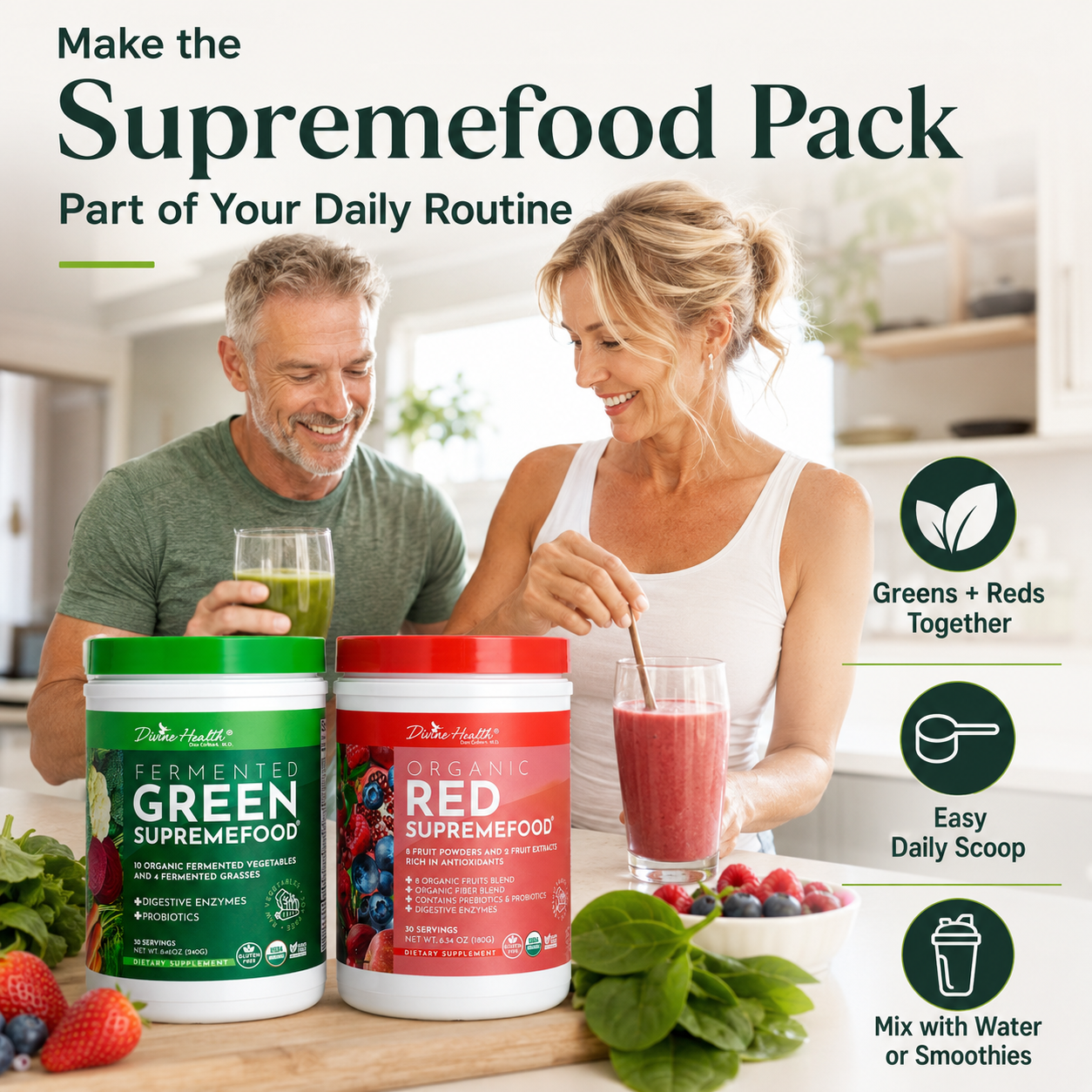 Healthy adults preparing green and red Supremefood drinks as part of a daily wellness routine