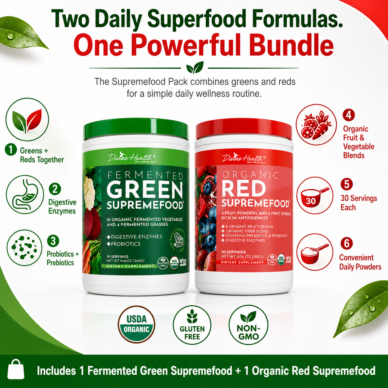 Supremefood Pack combining fermented greens, organic reds, digestive enzymes, prebiotics and probiotics
