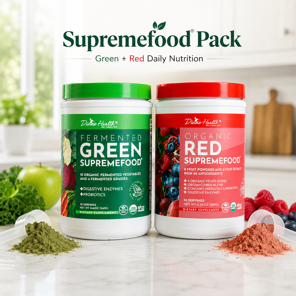Fermented Green Supremefood and Organic Red Supremefood tubs with green and red powder scoops on a kitchen counter