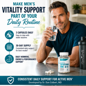 Active adult man taking Testosterone Zone with water as part of a daily hormone, energy, vitality, and performance-support routine