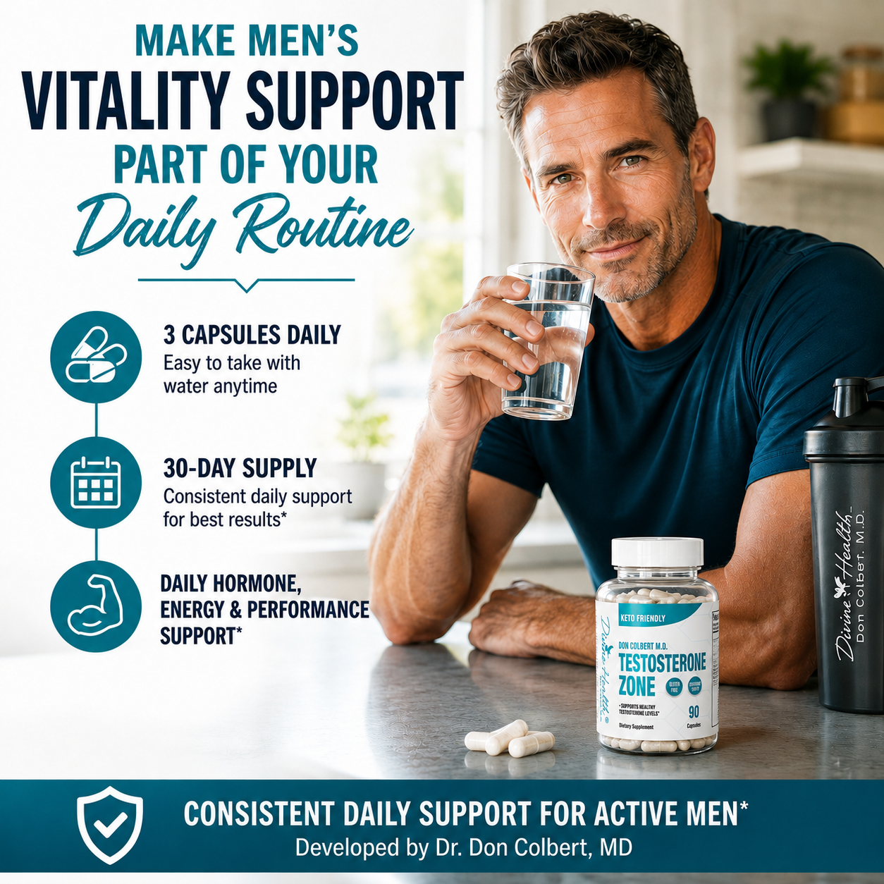 Active adult man taking Testosterone Zone with water as part of a daily hormone, energy, vitality, and performance-support routine
