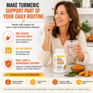 Healthy adult taking one turmeric curcumin capsule with water as part of a daily joint and antioxidant wellness routine