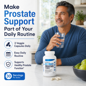 Latin American man over 50 taking Divine Health Ultimate Prostate Formula with water in a bright kitchen