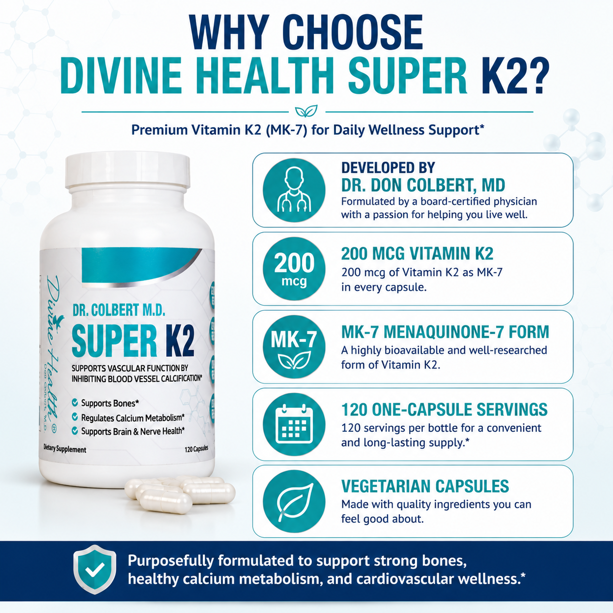 Divine Health Super K2 developed by Dr. Don Colbert, MD with 200 mcg MK-7, vegetarian capsules, and 120 one-capsule servings