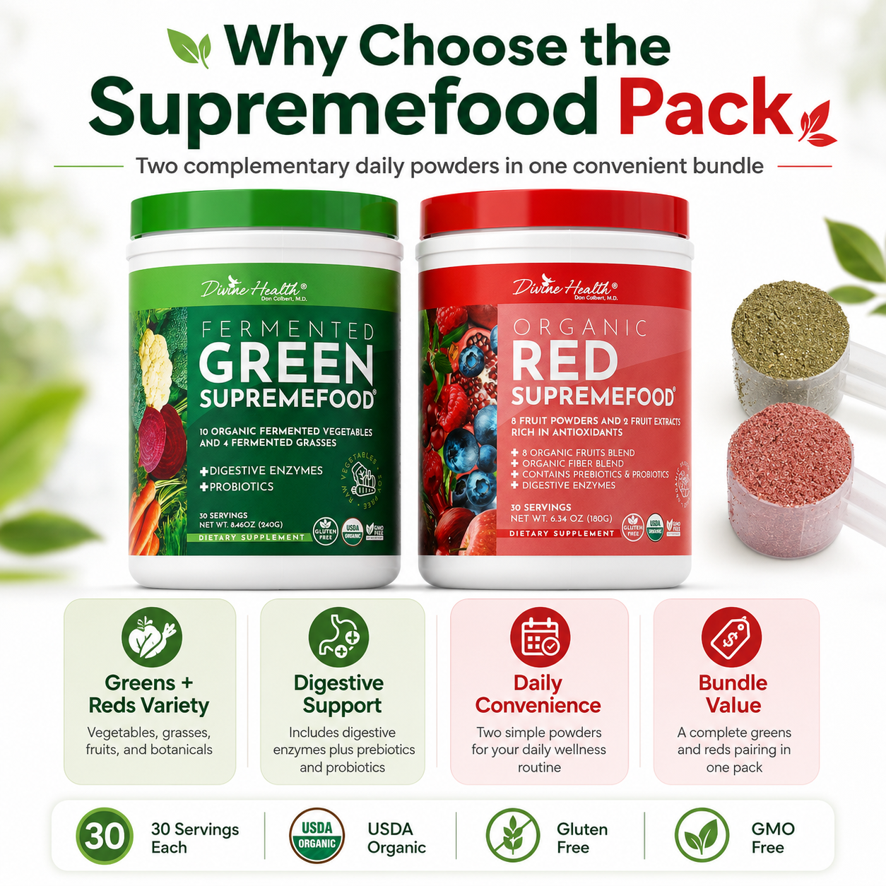 Divine Health Supremefood Pack featuring organic greens and reds, digestive enzymes, prebiotics and probiotics