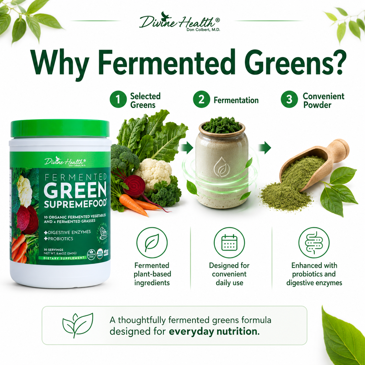 Selected vegetables progressing through fermentation into convenient Divine Health Fermented Green Supremefood powder
