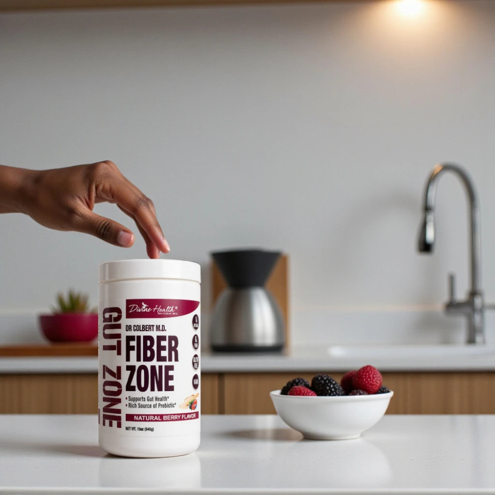 Divine Health Berry Fiber Zone by Dr. Don Colbert, MD fiber supplement in a 60-serving bottle with natural berry flavor shown in a modern kitchen setting