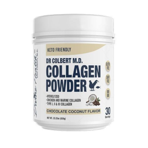 Divine Health Dr. Colbert M.D. Chocolate Coconut Collagen Powder container – hydrolyzed collagen supplement with chicken and marine collagen, Type I, II, III, keto friendly, gluten free, dairy free, non-GMO.