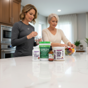 Detox & Fasting Maintenance Pack by Dr. Don Colbert, MD from Divine Health displayed on a modern kitchen counter with two women preparing a healthy meal in the background, featuring Liver Gallbladder Cleanse capsules, Fermented Green Supremefood probiotic greens powder, Nano Glutathione liquid antioxidant drops, and Fiber Zone natural berry flavor prebiotic fiber supplement designed to promote gut health, digestive balance, natural detoxification, fasting support, and overall metabolic wellness.