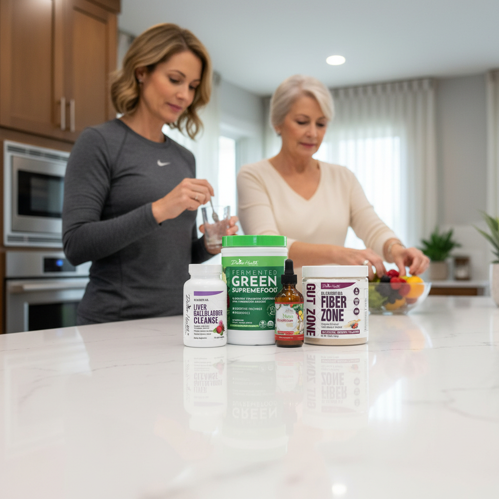 Detox & Fasting Maintenance Pack by Dr. Don Colbert, MD from Divine Health displayed on a modern kitchen counter with two women preparing a healthy meal in the background, featuring Liver Gallbladder Cleanse capsules, Fermented Green Supremefood probiotic greens powder, Nano Glutathione liquid antioxidant drops, and Fiber Zone natural berry flavor prebiotic fiber supplement designed to promote gut health, digestive balance, natural detoxification, fasting support, and overall metabolic wellness.
