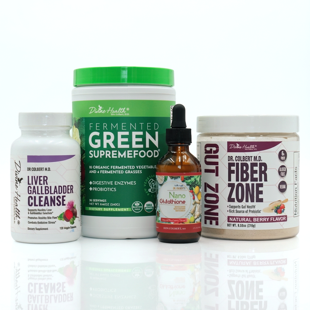Detox & Fasting Maintenance Pack by Dr. Don Colbert, MD from Divine Health featuring Liver Gallbladder Cleanse capsules, Fermented Green Supremefood probiotic greens powder, Fiber Zone prebiotic fiber supplement natural berry flavor, and Nano Glutathione liquid antioxidant drops designed to support gut health, digestion, detoxification, metabolism balance, fasting support, and overall nutritional wellness.