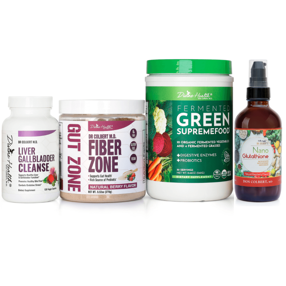 Divine Health Detox and Fasting Maintenance Pack by Dr. Don Colbert, MD with multiple supplements arranged together, including Green Supremefood, Berry Fiber Zone, Liver and Gallbladder Cleanse, and Nano Glutathione Spray