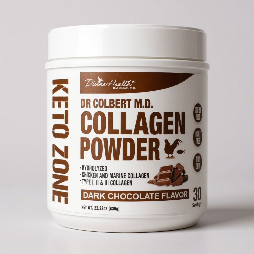 Divine Health Dark Chocolate Collagen Powder by Dr. Colbert, MD – hydrolyzed Type I, II & III collagen for hair, skin, nail, and joint support
