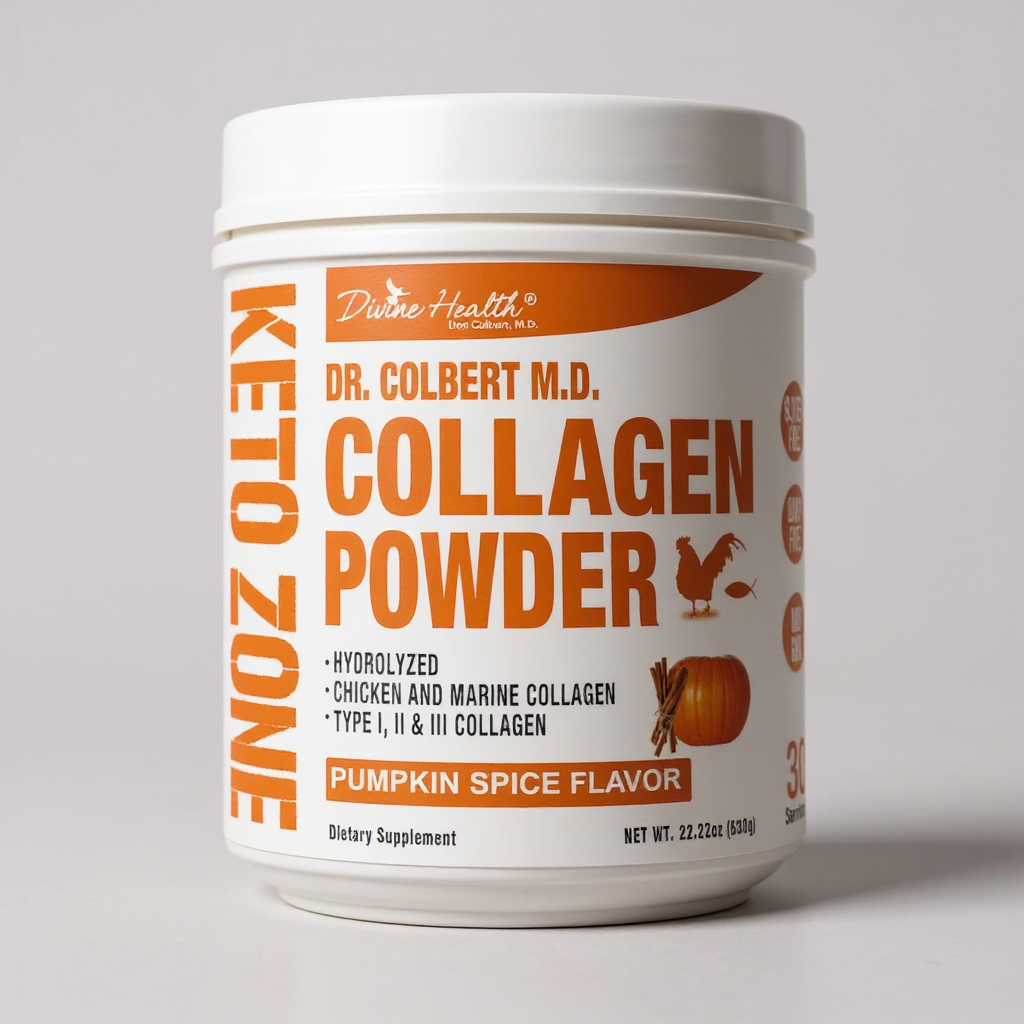 Pumpkin Spice Collagen Powder by Divine Health – Dr. Colbert, MD, hydrolyzed Type I, II & III collagen for hair, skin, nail, and joint support