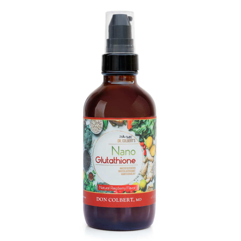Divine Health Nano Glutathione Spray 30 Servings by Dr. Colbert on a white background supports cellular defense cardiovascular health energy immune function skin clarity brain health and provides broad-spectrum antioxidant support for overall wellness