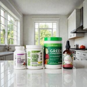 Divine Health Dr. Don Colbert, MD Detox & Fasting Maintenance Pack arranged on a polished kitchen countertop, featuring four products: Liver Gallbladder Cleanse in a white bottle with purple label accents, Fiber Zone in a white-and-green container labeled Lemon Lime Flavor, Fermented Green Supremefood in a tall green container with vegetable imagery, and Nano Glutathione in a brown glass dropper bottle with colorful label artwork. All items are displayed in front of a modern kitchen setting with large windows, natural light, white cabinetry, and stainless-steel appliances.