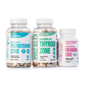 Divine Health Dr. Don Colbert, MD Hormone Zone Maintenance Pack displayed on a clean white background, featuring three supplement bottles: Testosterone Zone with teal and blue accents, Thyroid Zone with bold green labeling, and Hormone Zone with pink label details; all three clear bottles showing visible capsules inside, arranged side-by-side to present the complete maintenance pack.