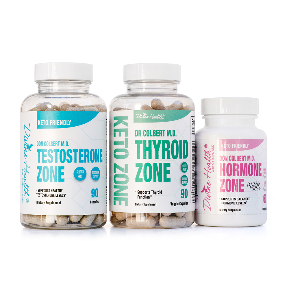 Divine Health Dr. Don Colbert, MD Hormone Zone Maintenance Pack displayed on a clean white background, featuring three supplement bottles: Testosterone Zone with teal and blue accents, Thyroid Zone with bold green labeling, and Hormone Zone with pink label details; all three clear bottles showing visible capsules inside, arranged side-by-side to present the complete maintenance pack.
