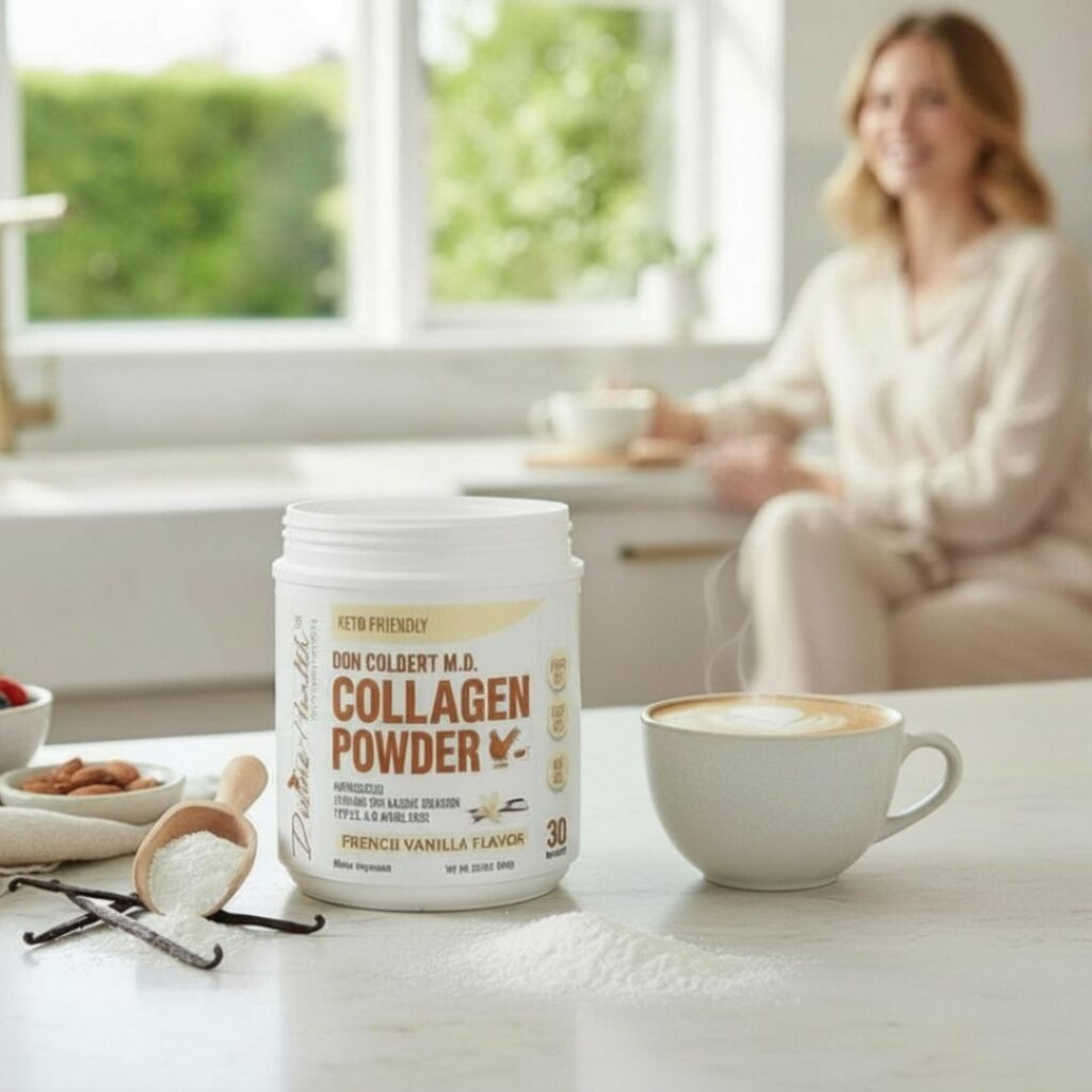 Divine Health French Vanilla Collagen Powder by Dr. Colbert, MD on a kitchen counter next to a latte and vanilla beans with a woman relaxing in the background